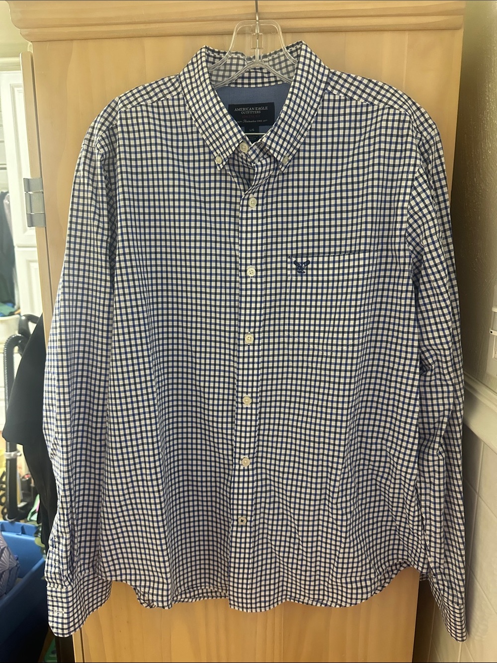 American Eagle Outfitters Navy and White Check Button-Down Shirt